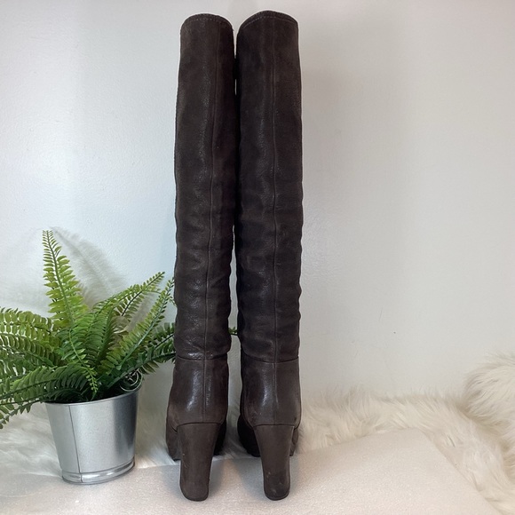 PRADA TALL BOOTS LEATHER CHOCOLATE BROWN BLOCK HEEL SLIGHT SLOUCH SZ 7.5 - Picture 8 of 16